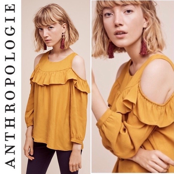 Anthropologie Maeve Brearly Open Shoulder Top Ruffle Blouse Yellow Boho 4 - Picture 2 of 13